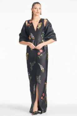 Marsden Gown - Noir Bouquet -Sachin & Babi Clothing SHAWL BLACK FRONT